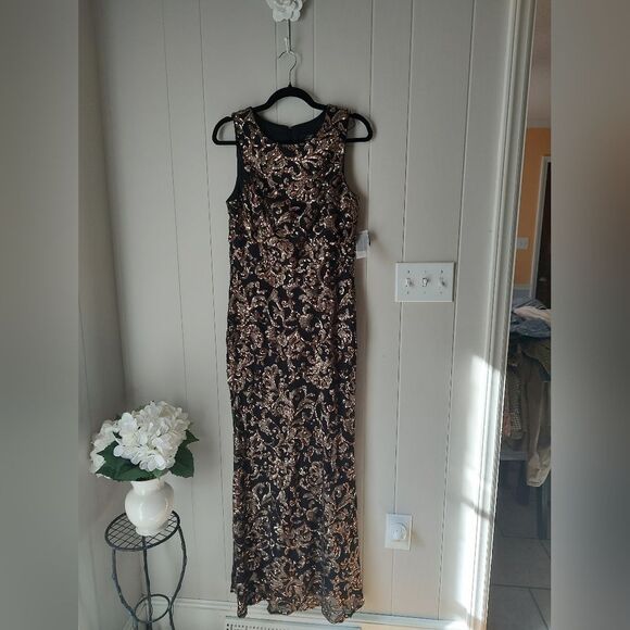 Alex Evenings Black Gold Sleeveless Sequined Formal Gown Size 10 - Picture 2 of 11